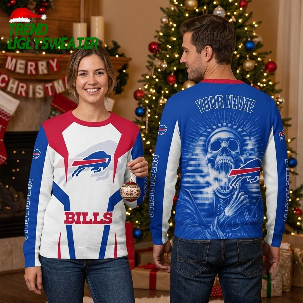 Buffalo Bills Skull And Logo Ugly Christmas Sweater Design