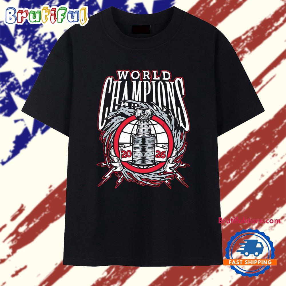 Carolina Hurricanes 2026 World Champions trophy lightning wreath bold logo art T Shirt