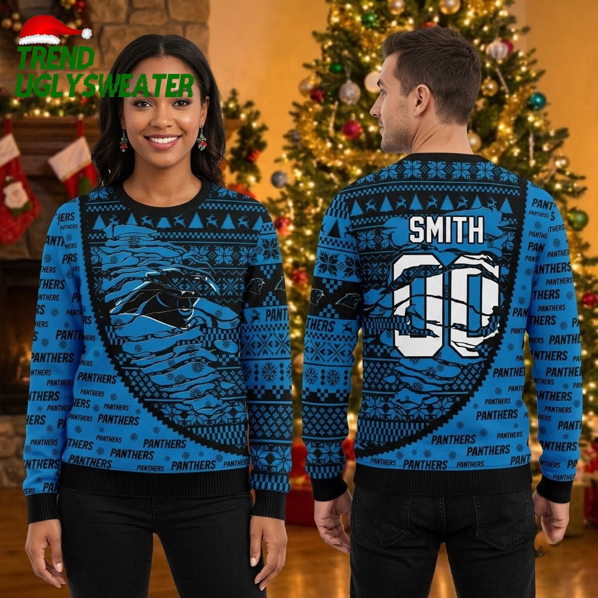 Carolina Panthers Custom Smith 00 Panther Ugly Christmas Sweater