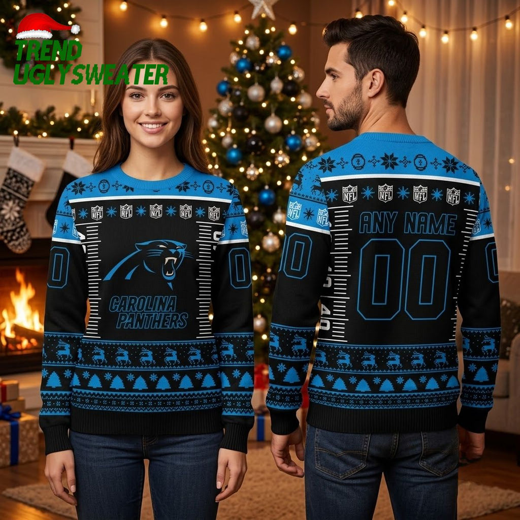 Carolina Panthers Football Field Custom Name And Number Ugly Christmas Sweater