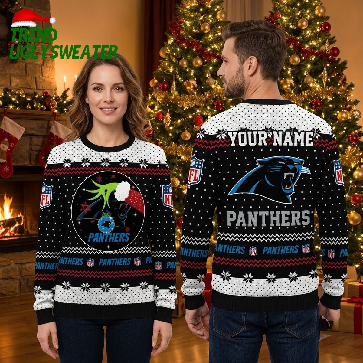 Carolina Panthers Grinch Hands Custom Name Ugly Christmas Sweater