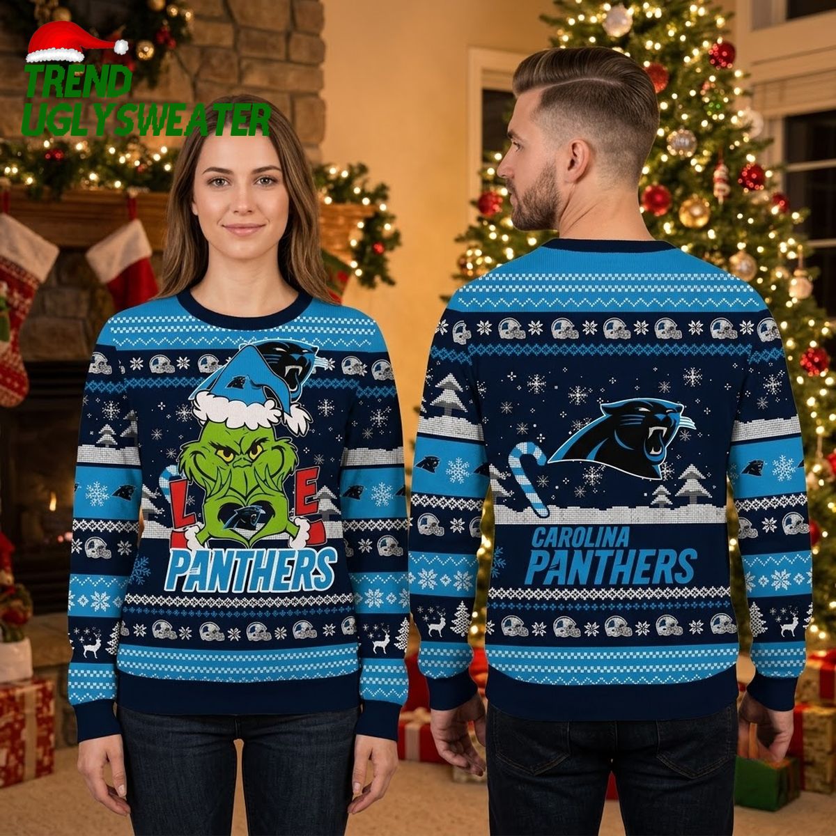 Carolina Panthers Grinch Santa Hat Holiday Gift For Panthers Fans Ugly Christmas Sweater