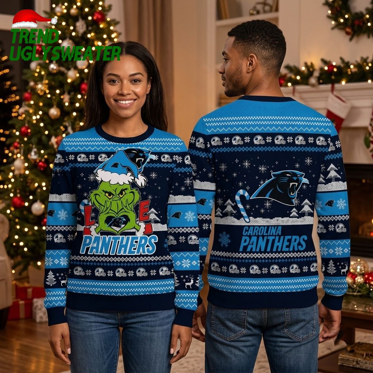 Carolina Panthers Grinch Santa Hat Ugly Christmas Sweater