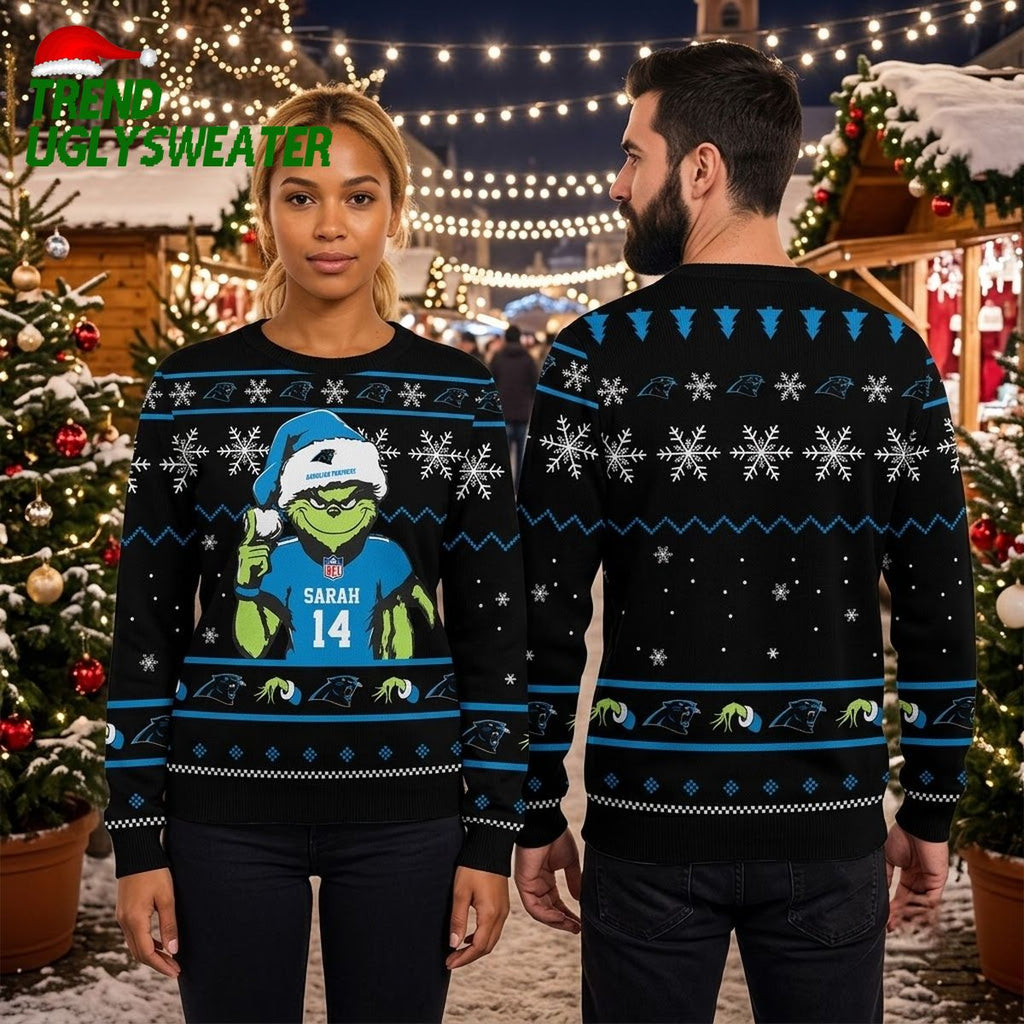 Carolina Panthers Grinch Sarah 14 Football Jersey Ugly Christmas Sweater