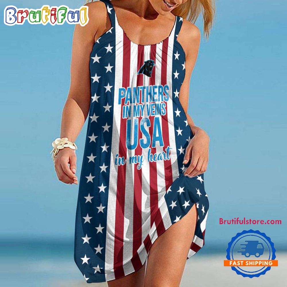 Carolina Panthers In My Veins USA In My Heart Independence Day Women’s Summer Beach Sling Dress