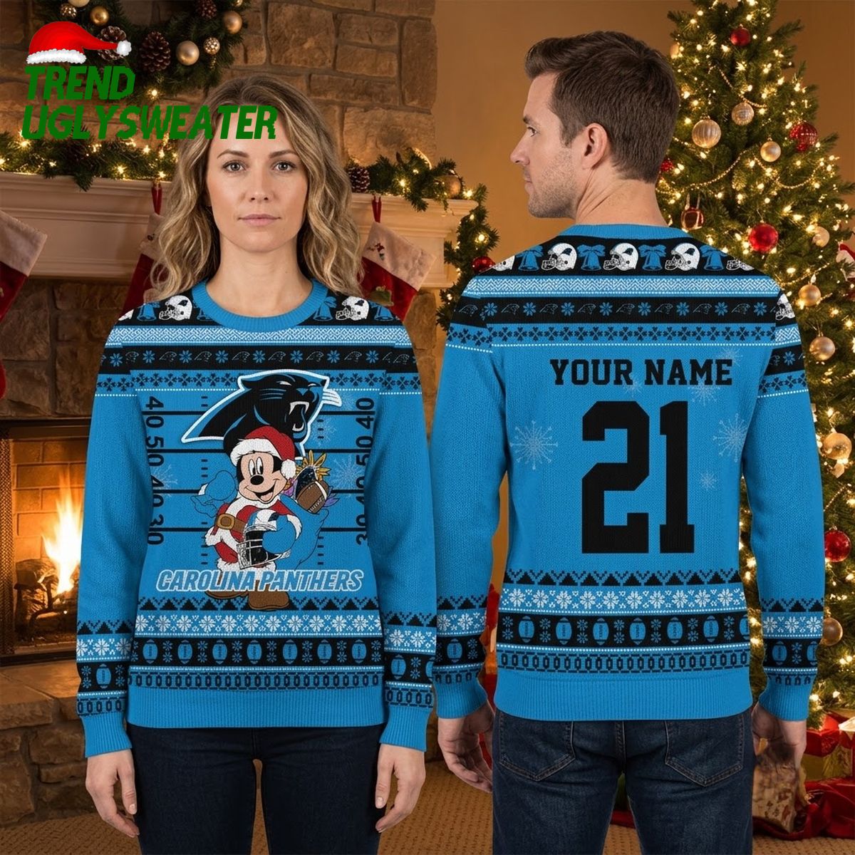 Carolina Panthers Mickey Mouse Santa Custom Name And Number Ugly Christmas Sweater