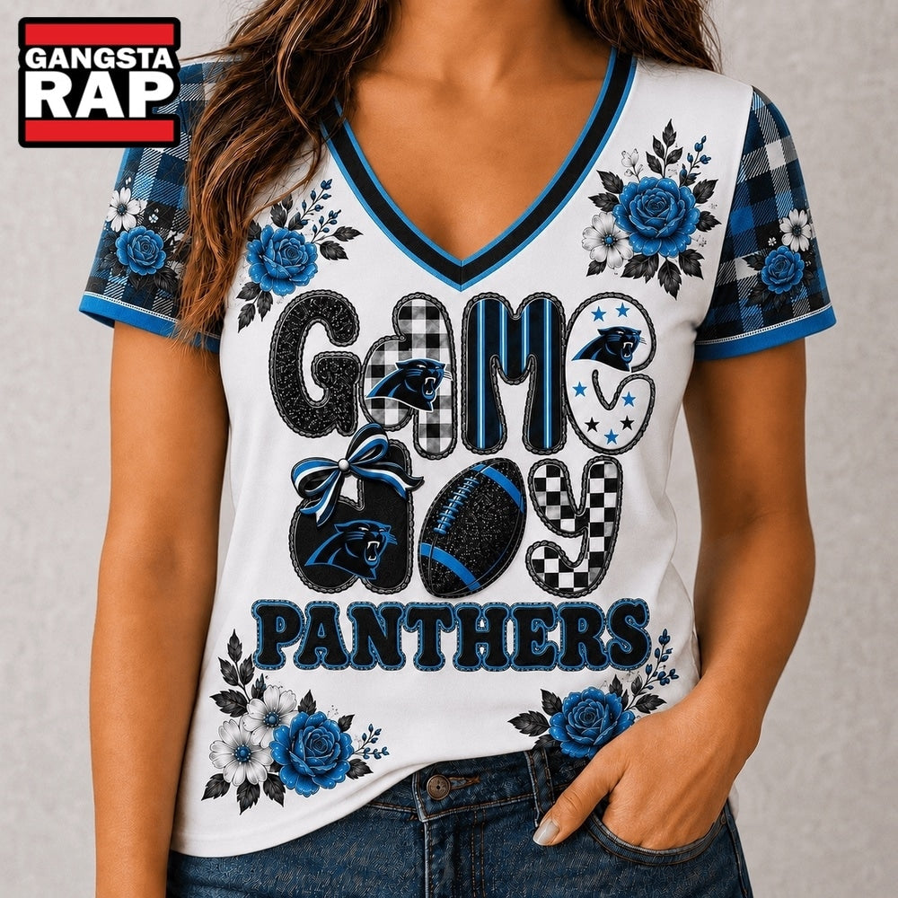 Carolina Panthers NFL Football Flowers Team Pride V Neck T Shirt