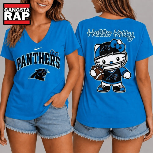 Carolina Panthers NFL Hello Kitty Football V Neck T Shirt