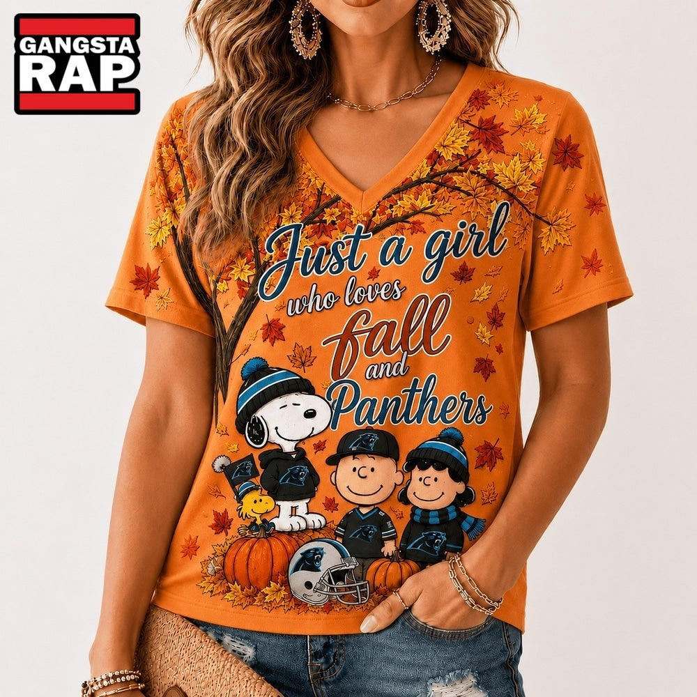 Carolina Panthers NFL Snoopy Peanuts Fall Season V Neck T Shirt
