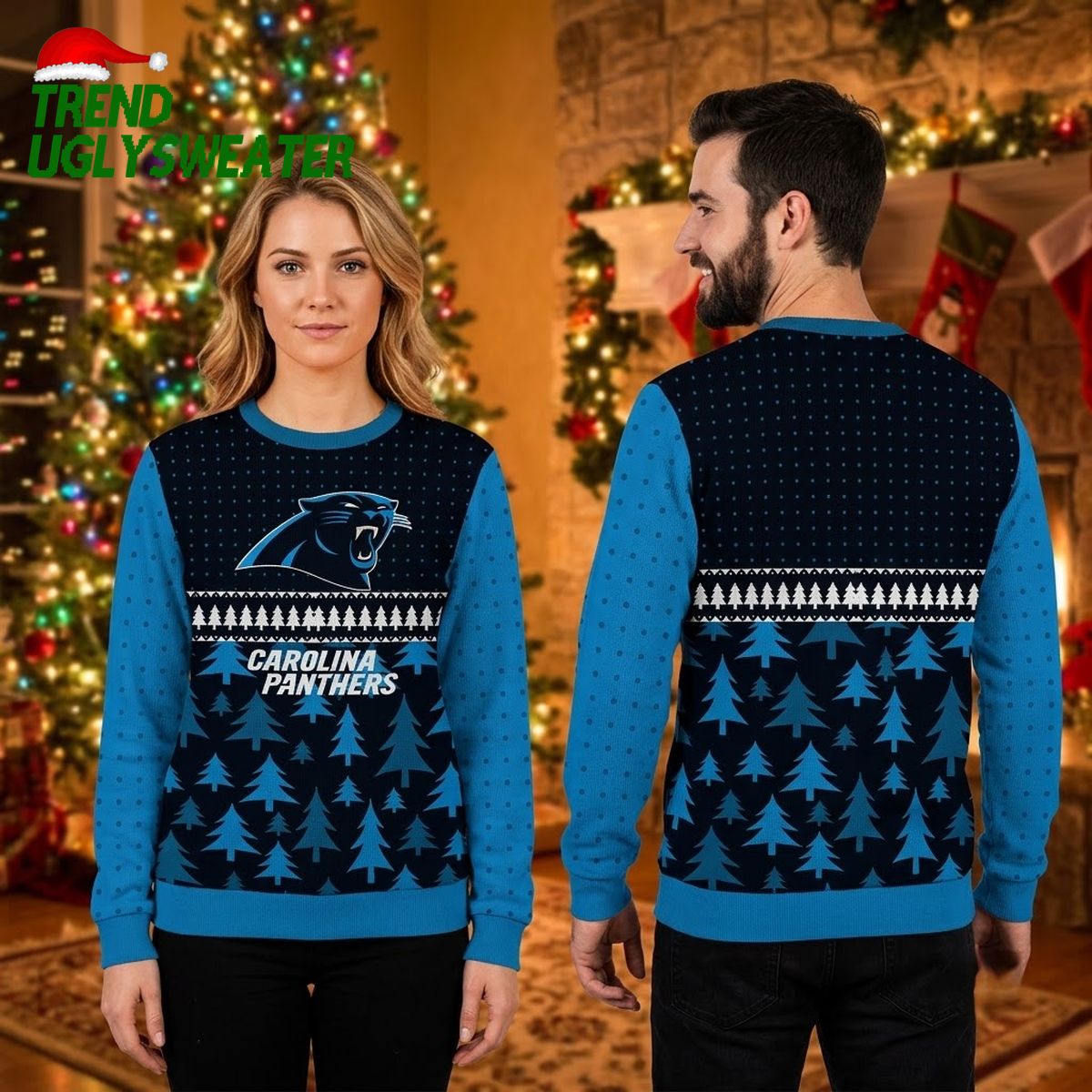 Carolina Panthers Roaring Panther Christmas Tree Pattern Ugly Christmas Sweater