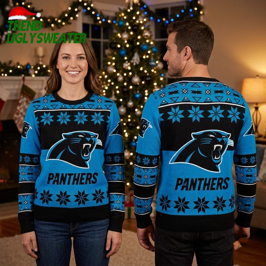 Carolina Panthers Roaring Panther Snowflake Ugly Christmas Sweater