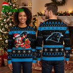 Carolina Panthers Santa Claus And Panther Mascot Ugly Christmas Sweater