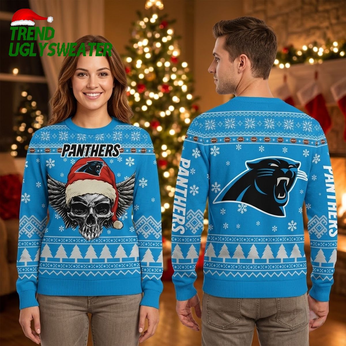 Carolina Panthers Santa Hat Skull Ugly Christmas Sweater