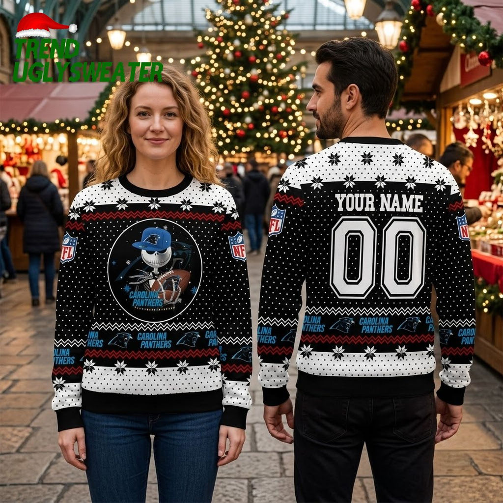 Carolina Panthers Skeleton Football Player Custom Name And Number Ugly Christmas Sweater