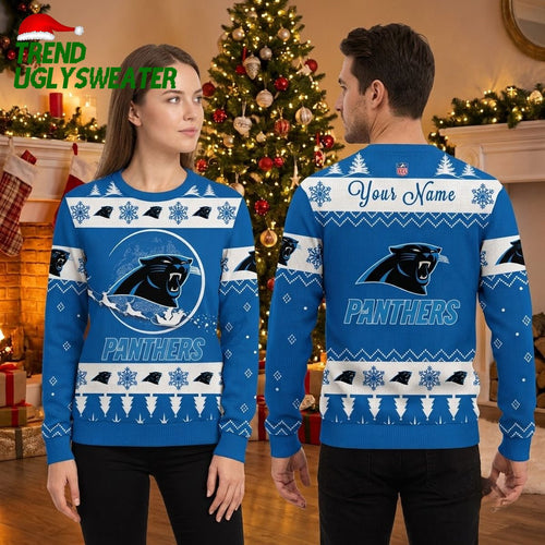 Carolina Panthers Snowflake Mascot Custom Name Ugly Christmas Sweater