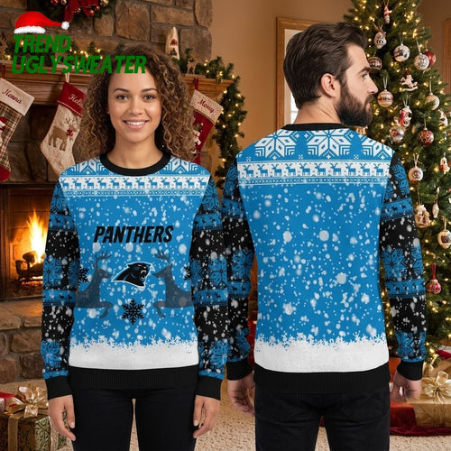 Carolina Panthers Snowy Reindeer And Snowflakes Ugly Christmas Sweater