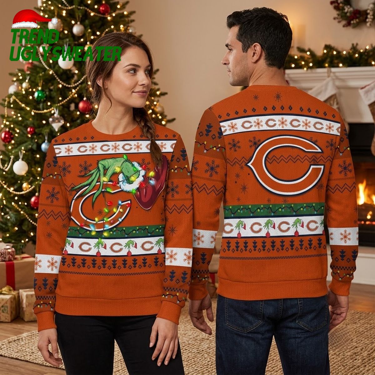 Chicago Bears Grinch Hand Christmas Lights Ugly Christmas Sweater