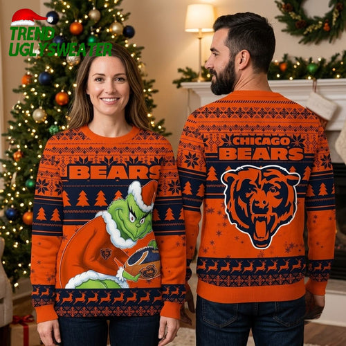 Chicago Bears Grinch Holding Football Ugly Christmas Sweater