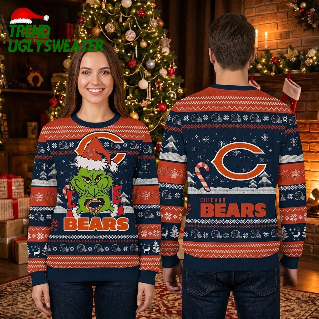 Chicago Bears Grinch Santa Hat Logo Ugly Christmas Sweater