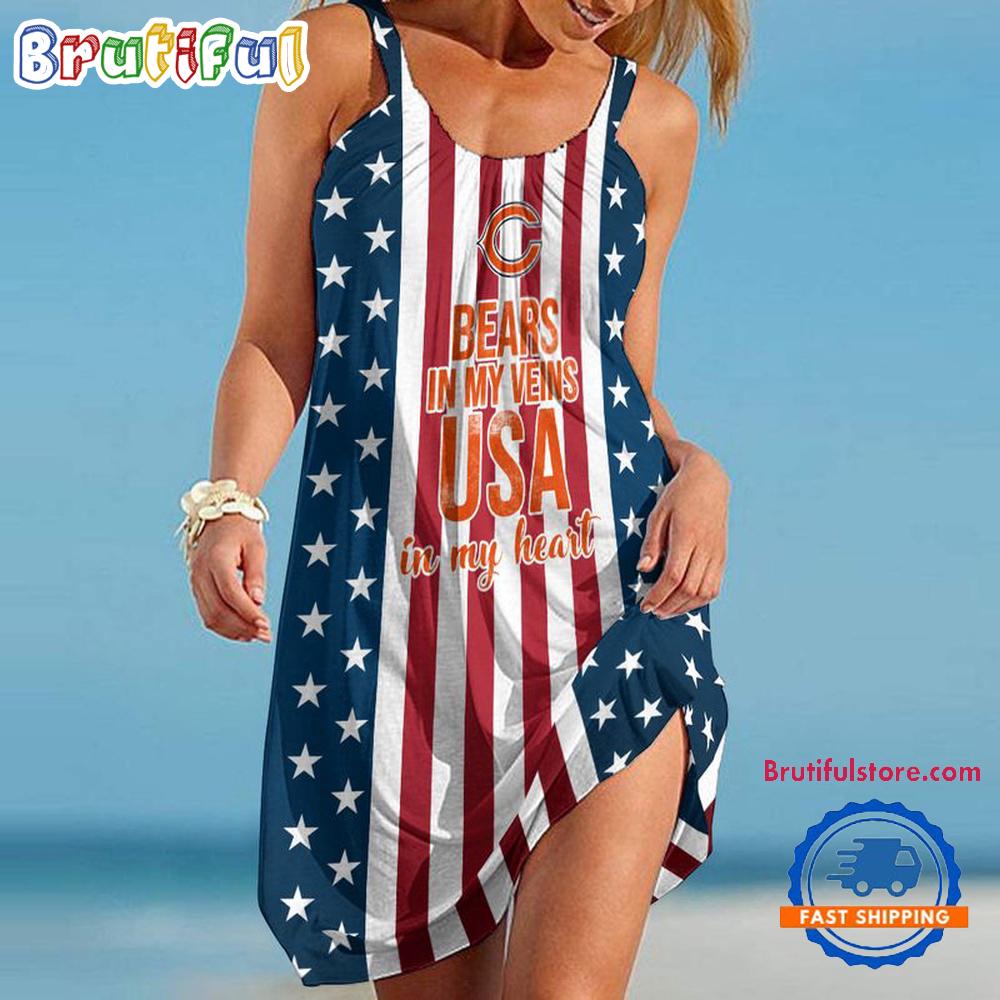 Chicago Bears In My Veins USA In My Heart Independence Day Women’s Summer Beach Sling Dress