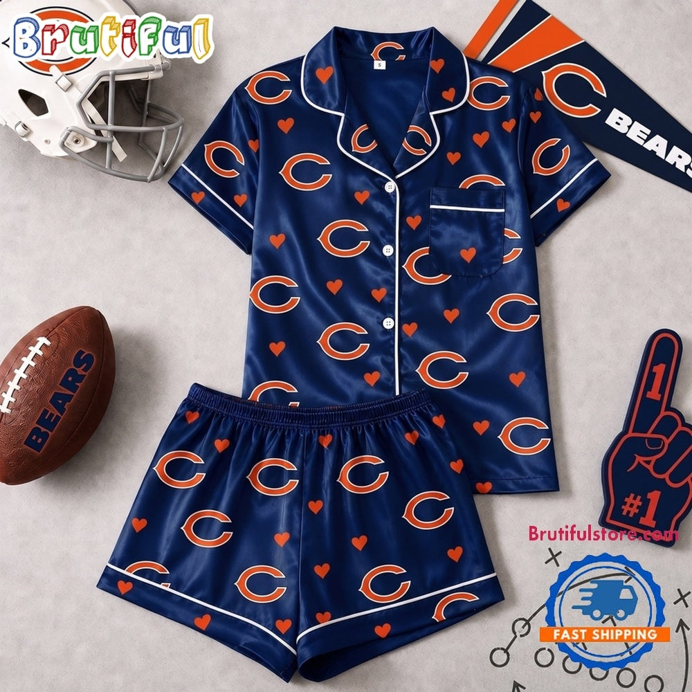 Chicago Bears NFL Logo Team Love Satin Short Sleeve Pajamas Set