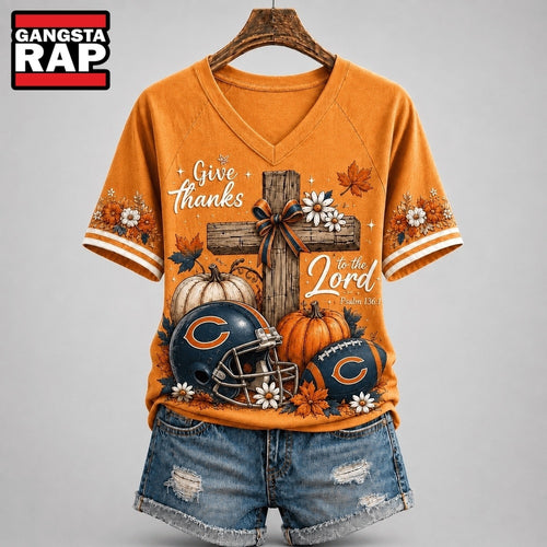 Chicago Bears NFL Thanksgiving Faith And Football V Neck T Shirt