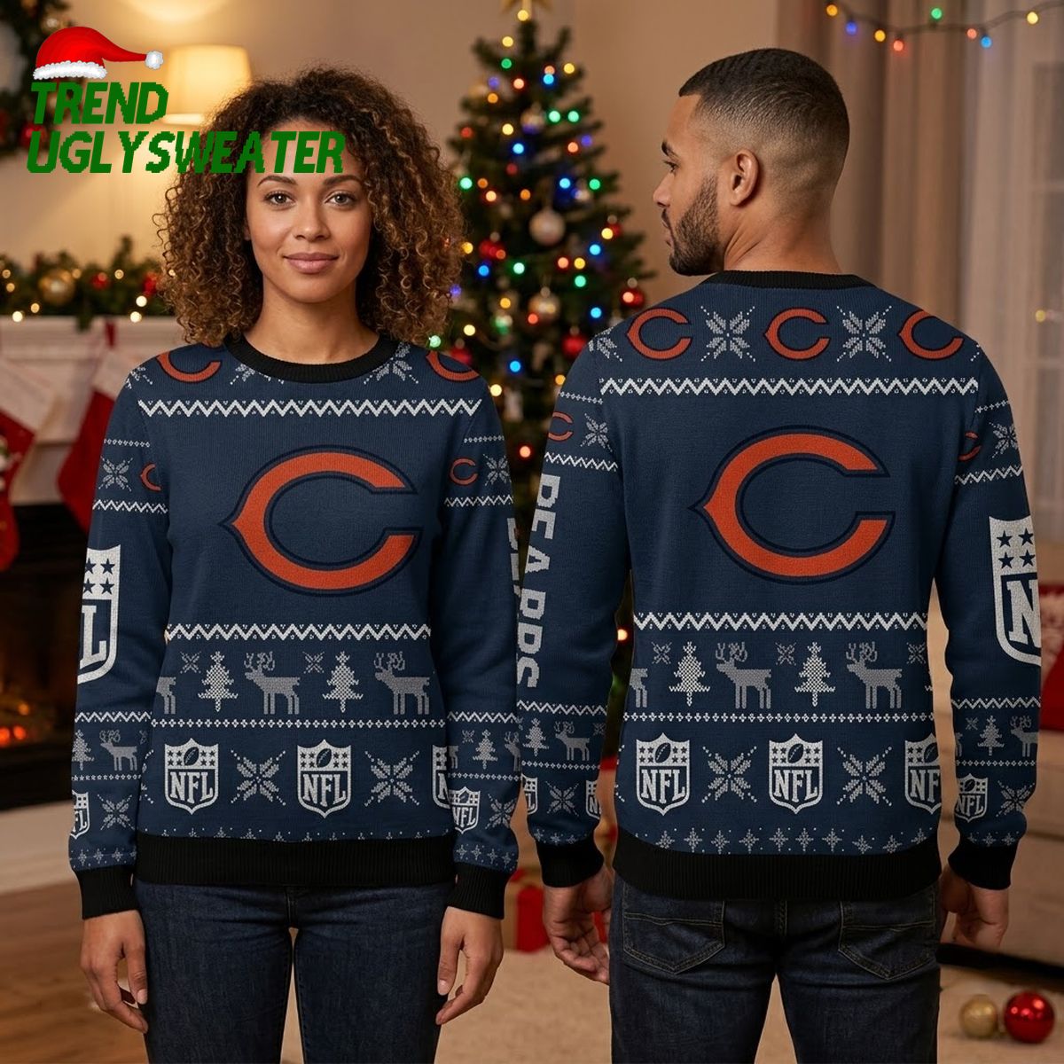 Chicago Bears Orange C Logo Reindeer Ugly Christmas Sweater
