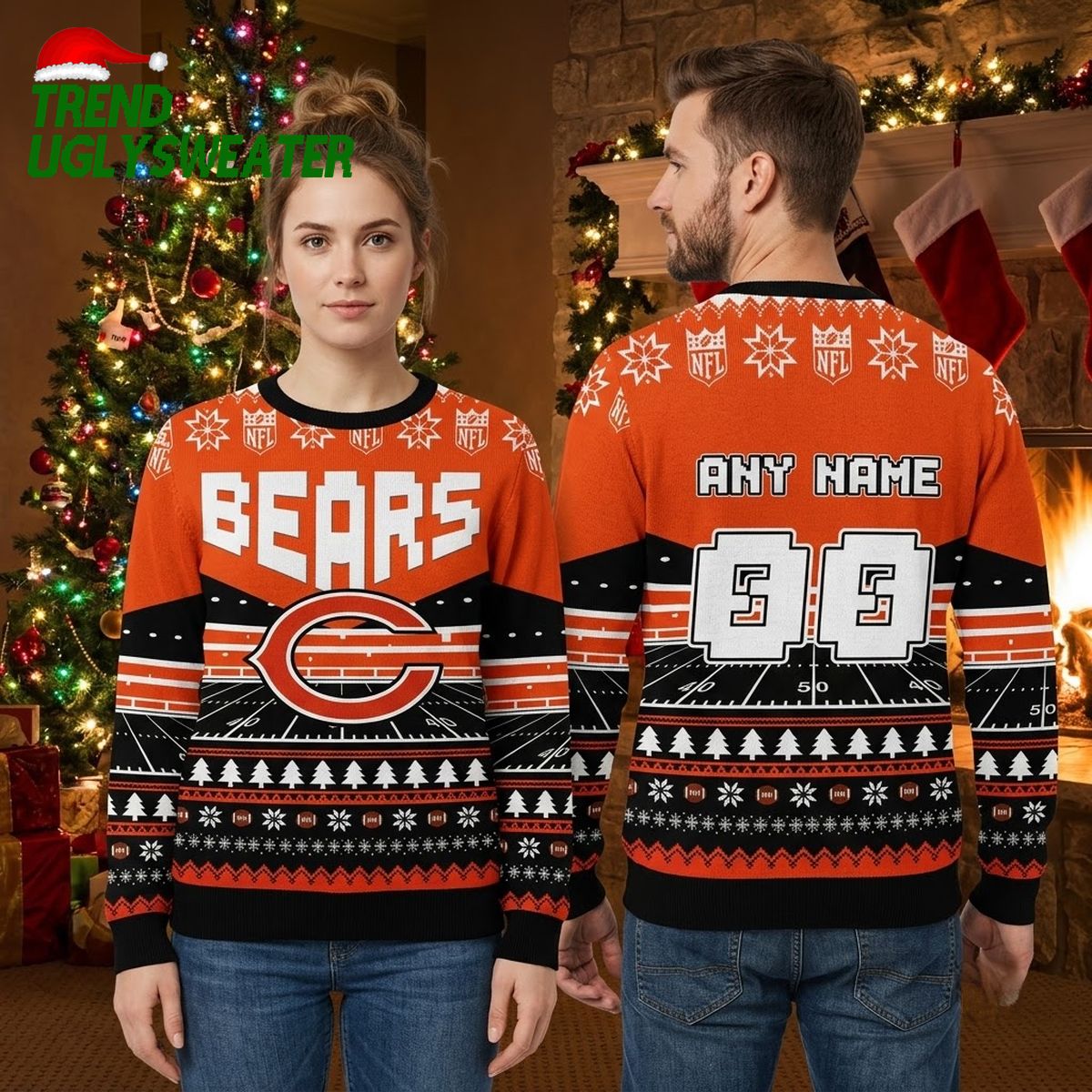 Chicago Bears Retro Football Field Custom Name And Number Ugly Christmas Sweater
