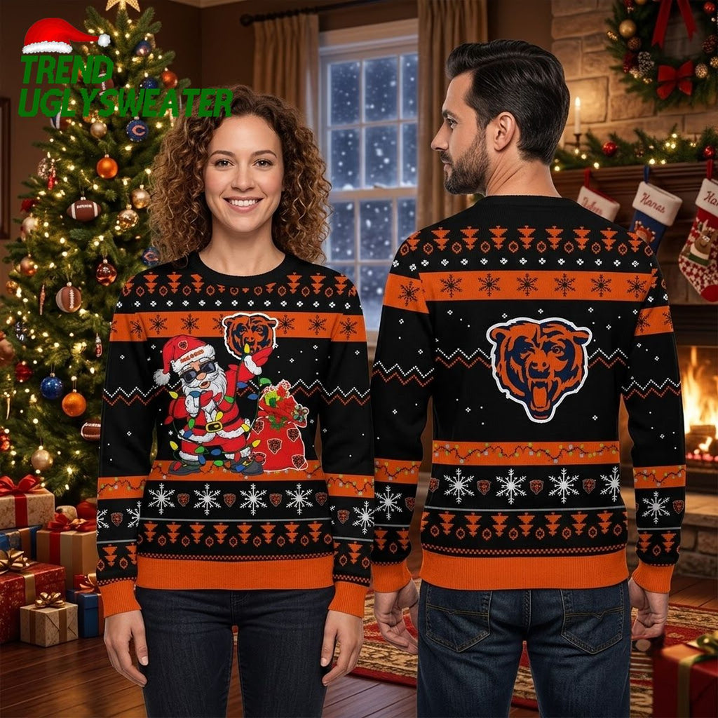 Chicago Bears Santa Wrapped In Christmas Lights Ugly Christmas Sweater