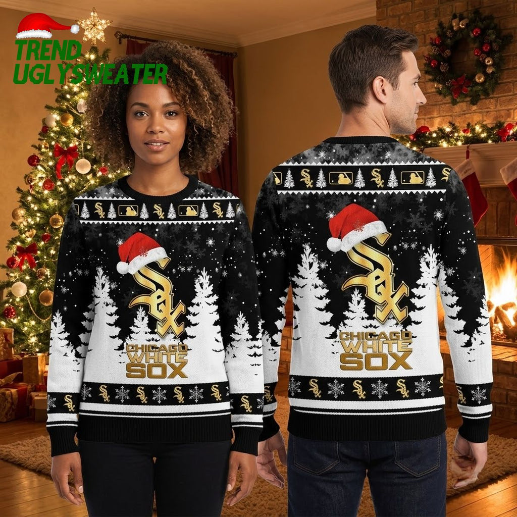 Chicago White Sox Gold Logo Santa Hat Snowy Christmas Ugly Christmas Sweater