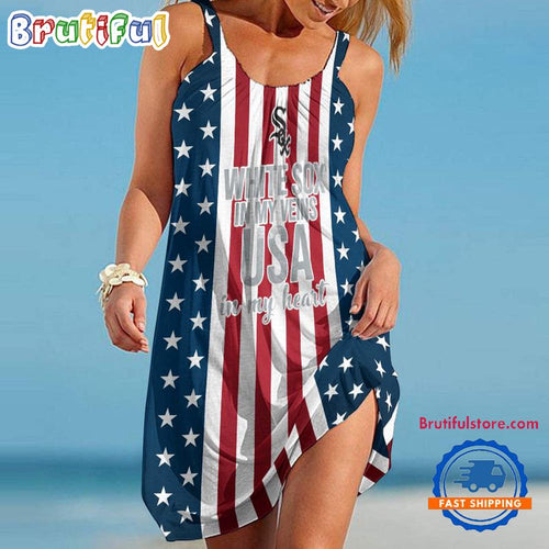 Chicago White Sox In My Veins USA In My Heart Independence Day Women’s Summer Beach Sling Dress