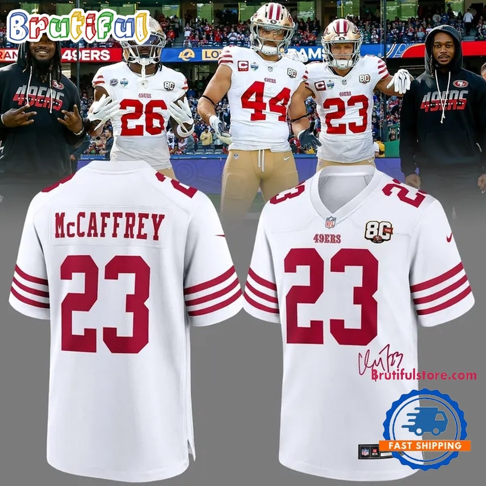 Christian McCaffrey San Francisco 49ers 80th Anniversary Signatures Print Football Jersey