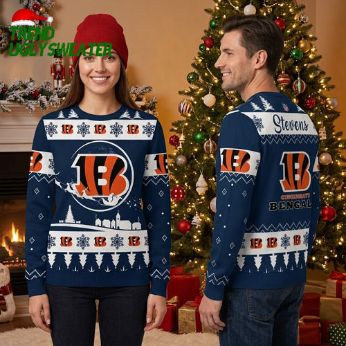 Cincinnati Bengals Custom Name Snowflake Logo Ugly Christmas Sweater