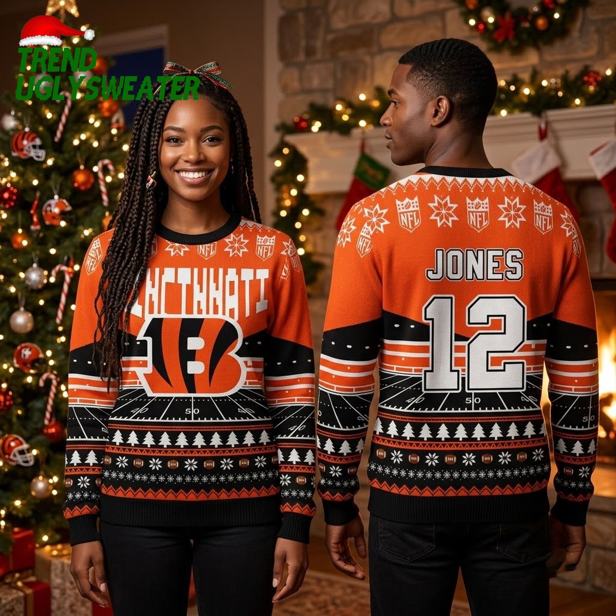 Cincinnati Bengals Football Field Custom Name And Number Ugly Christmas Sweater