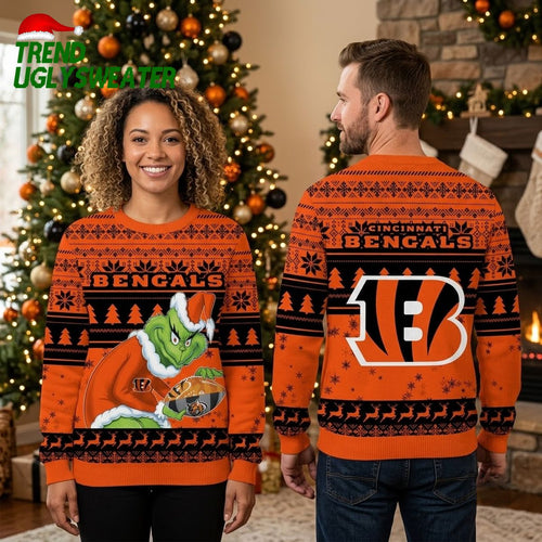 Cincinnati Bengals Grinch Holding Football Ugly Christmas Sweater - Bengals Fan Holiday Gift
