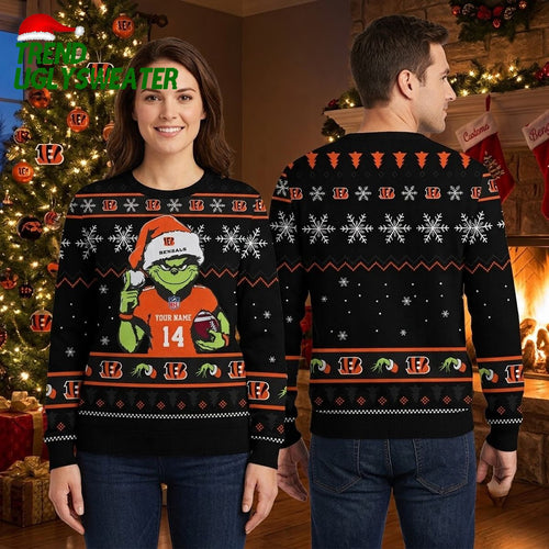 Cincinnati Bengals Grinch Holding Football Ugly Christmas Sweater For Fans