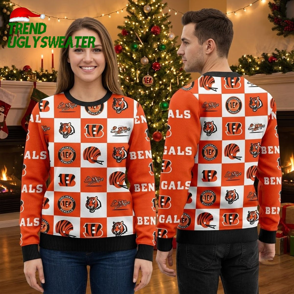 Cincinnati Bengals Logo Checkered Flannel Ugly Christmas Sweater