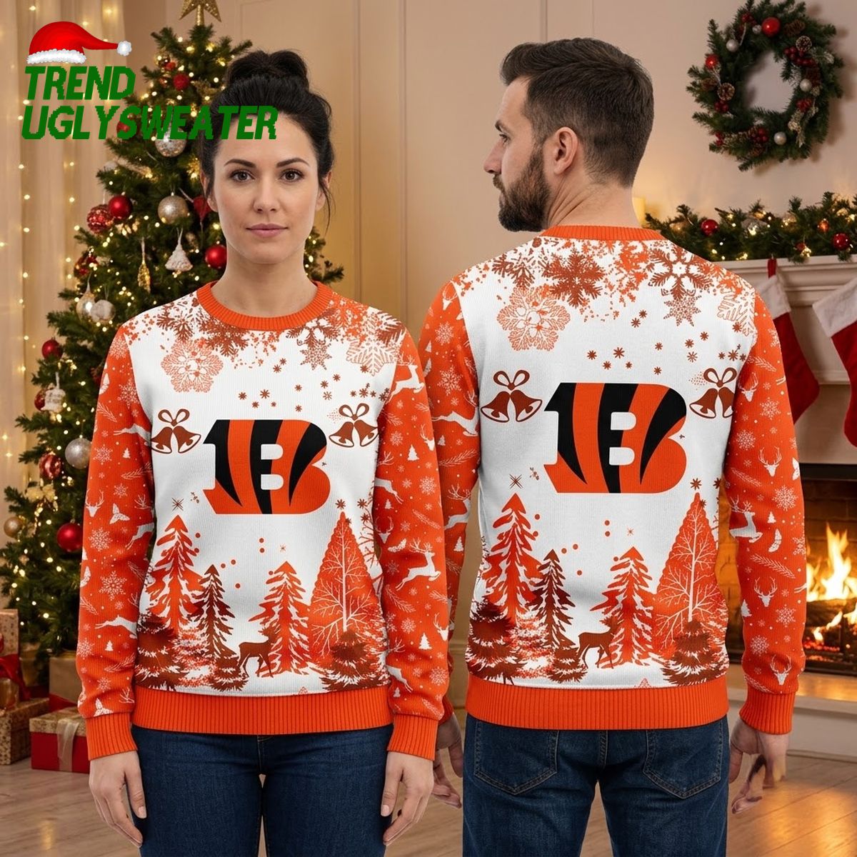 Cincinnati Bengals Logo With Snowflakes And Winter Trees Ugly Christmas Sweater
