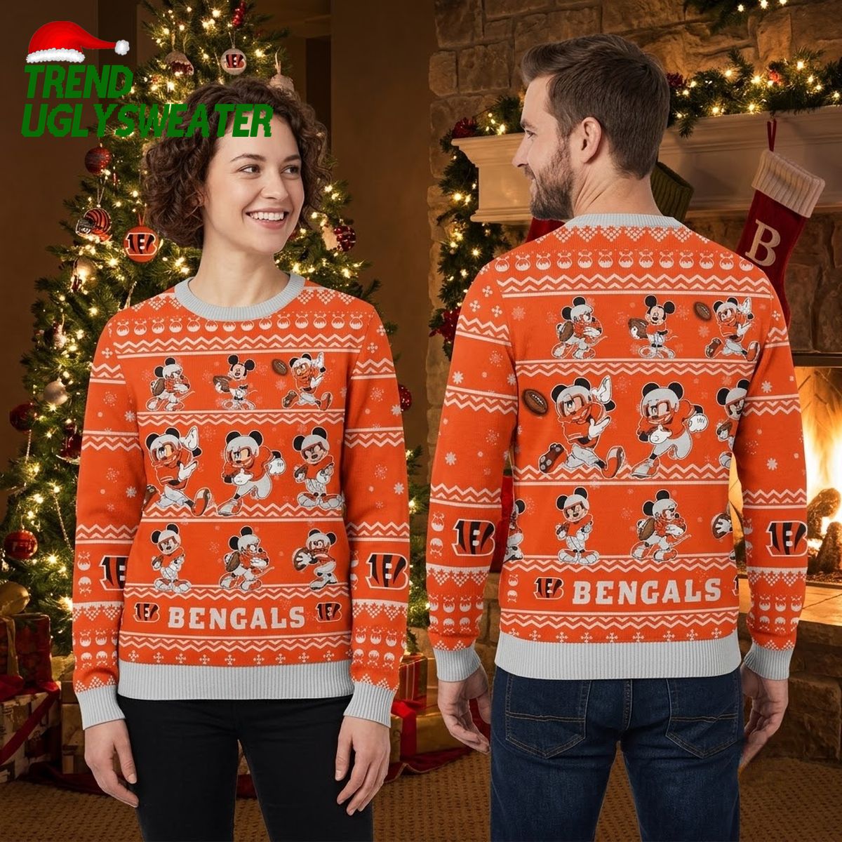 Cincinnati Bengals Mickey Mouse Football Action Ugly Christmas Sweater