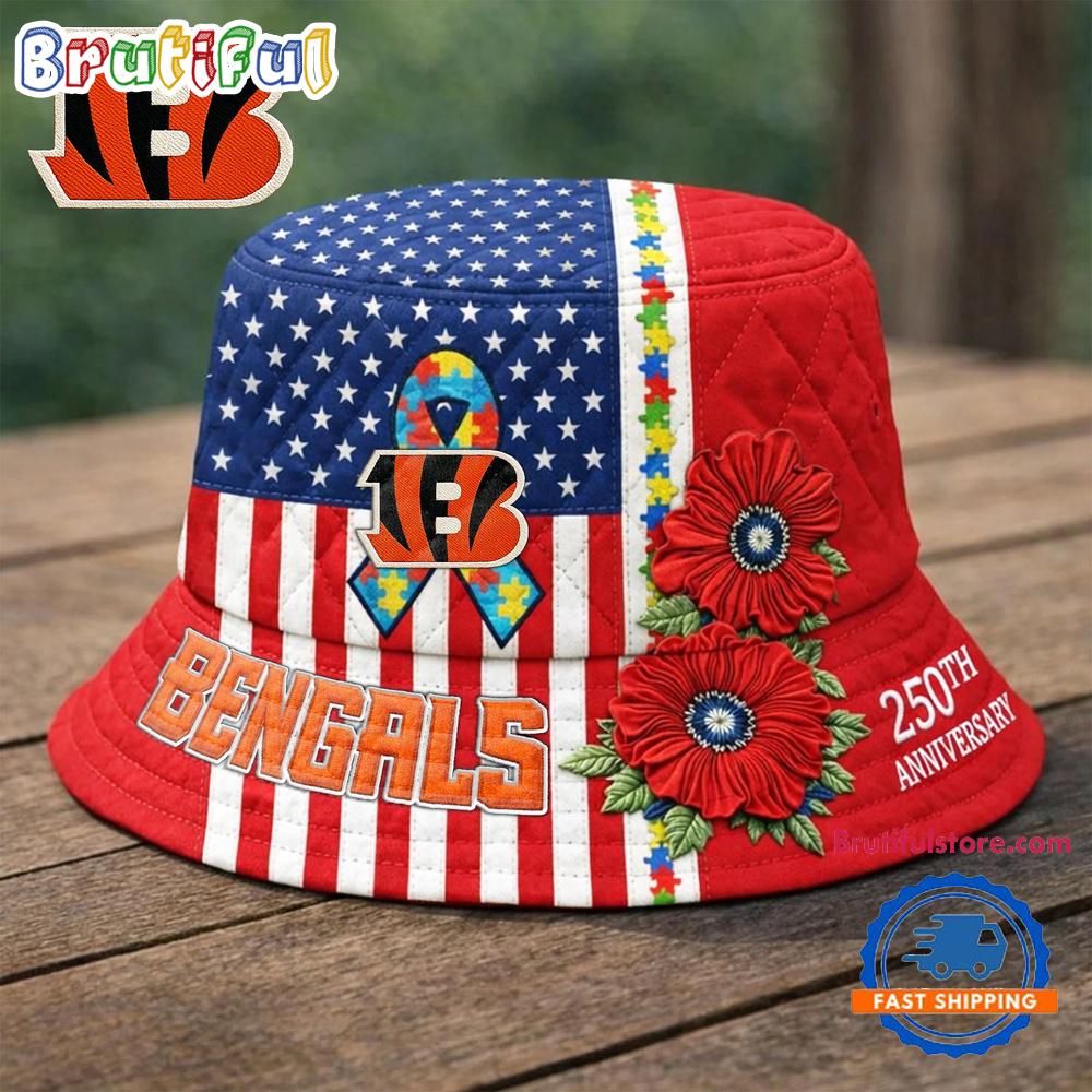 Cincinnati Bengals NFL Autism America 250th Anniversary Bucket Hat