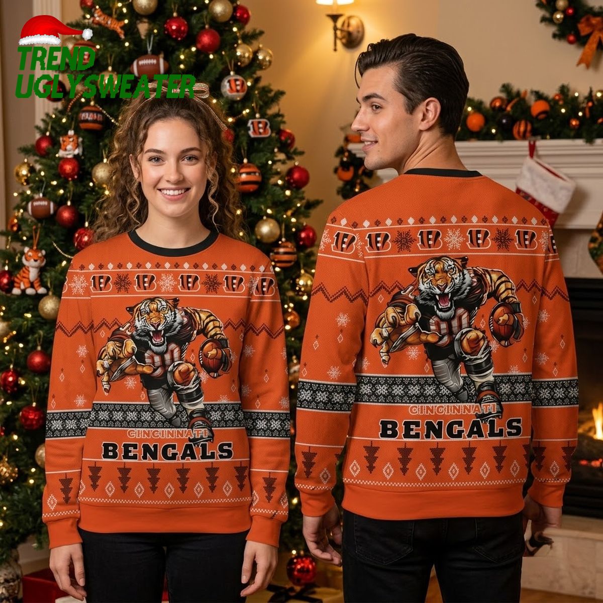 Cincinnati Bengals Rushing Tiger Ugly Christmas Sweater - Bengals Fan Holiday Gift