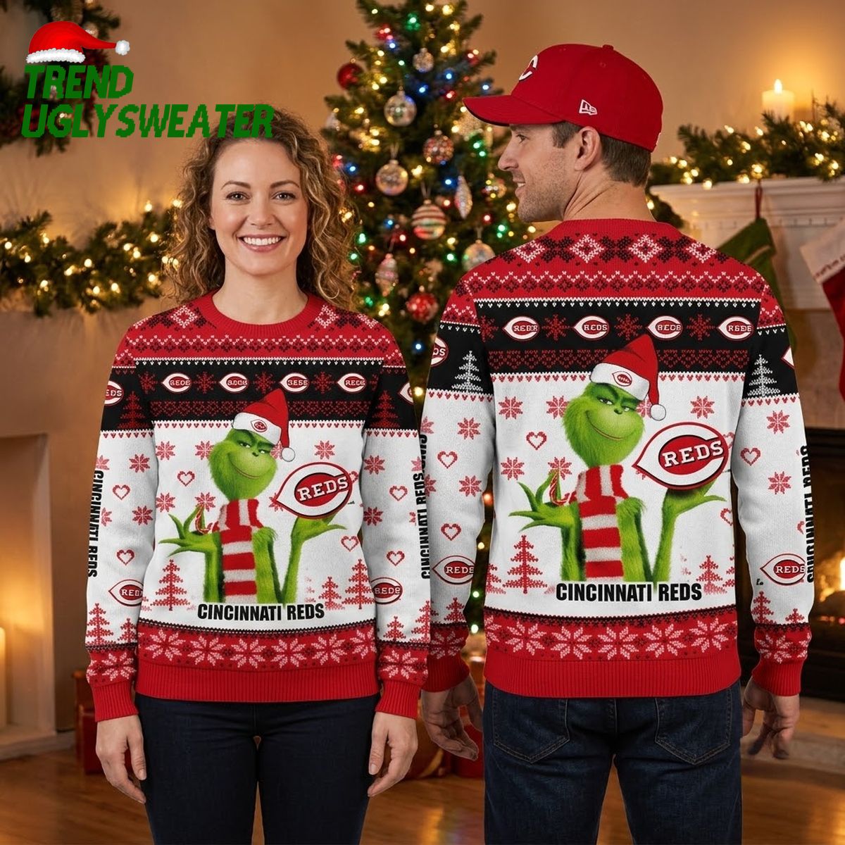 Cincinnati Reds Grinch Santa Hat Cincinnati Reds Logos Ugly Christmas Sweater