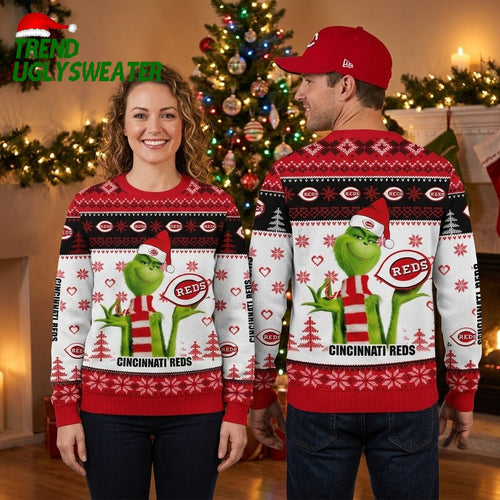 Cincinnati Reds Grinch Santa Hat Cincinnati Reds Logos Ugly Christmas Sweater