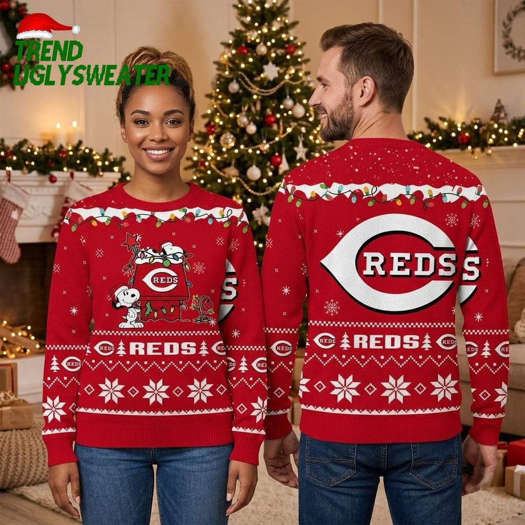 Cincinnati Reds Snoopy Christmas Lights Ugly Christmas Sweater
