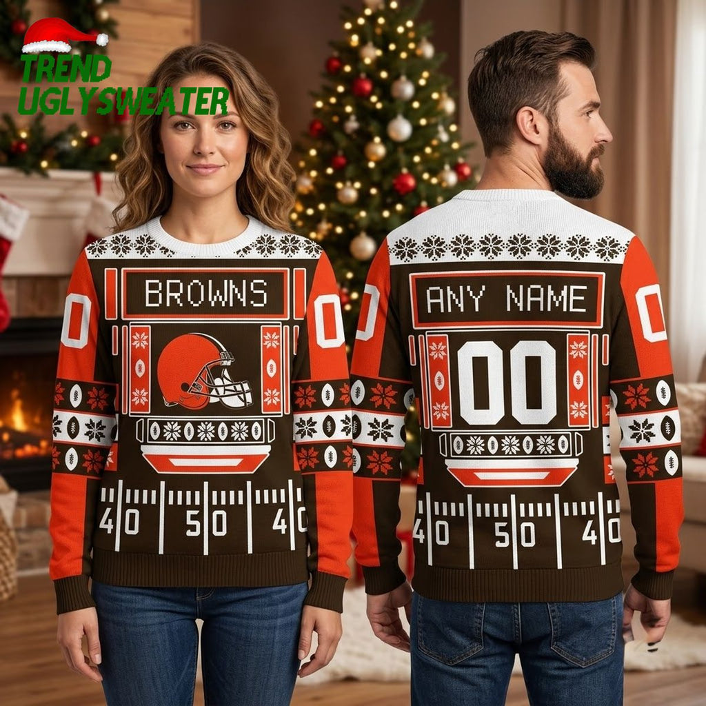 Cleveland Browns Football Field Custom Name And Number Ugly Christmas Sweater