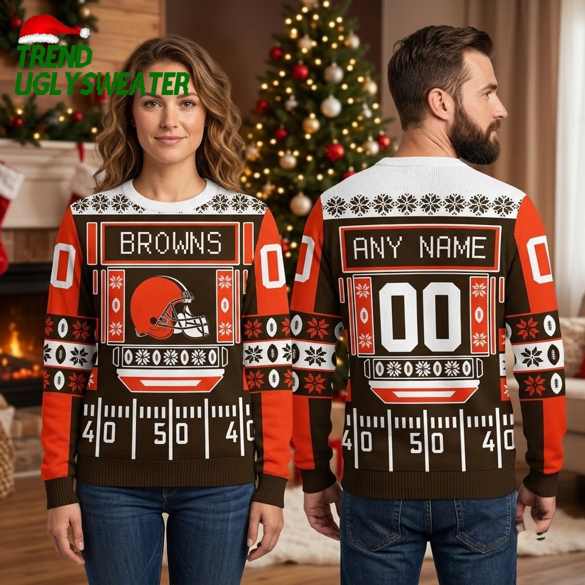 Cleveland Browns Football Field Custom Name And Number Ugly Christmas Sweater