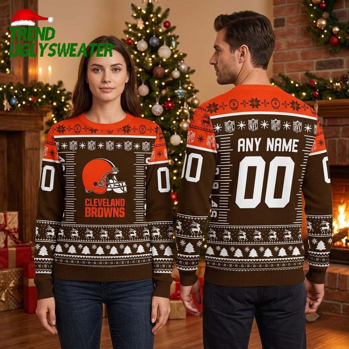 Cleveland Browns Football Helmet Custom Name And Number Ugly Christmas Sweater