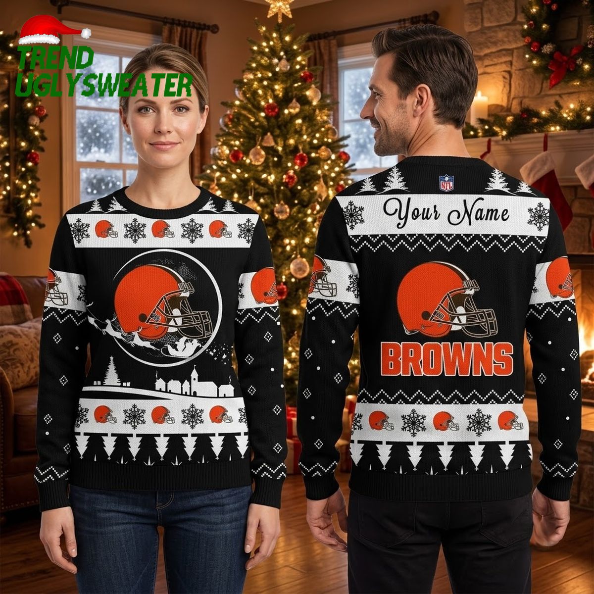 Cleveland Browns Football Helmet Custom Name Snowflake , Browns Fan Gift Ugly Christmas Sweater