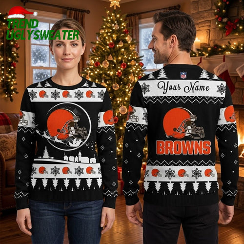 Cleveland Browns Football Helmet Custom Name Snowflake , Browns Fan Gift Ugly Christmas Sweater