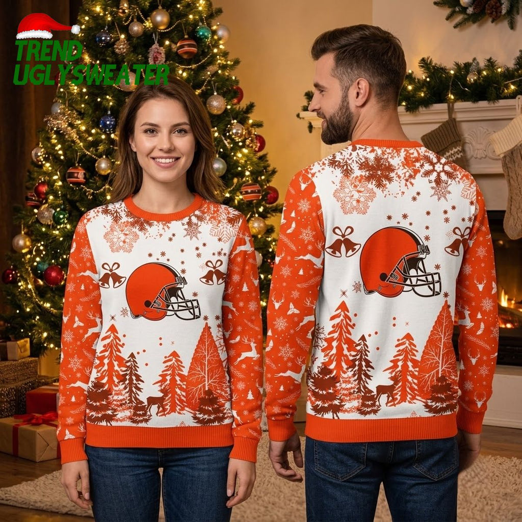 Cleveland Browns Football Helmet Snowflakes And Christmas Trees Ugly Christmas Sweater